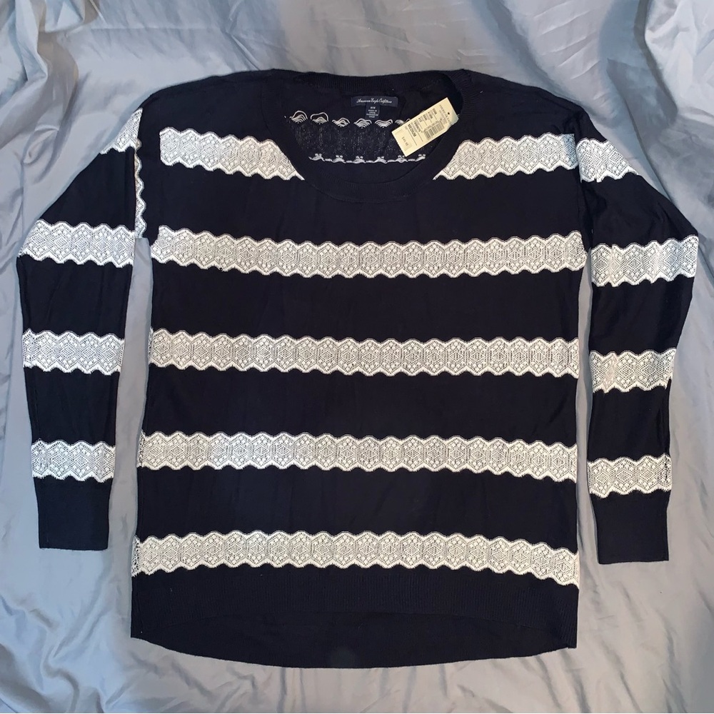 cotton/poly navy with ‘lace’ detail sweater